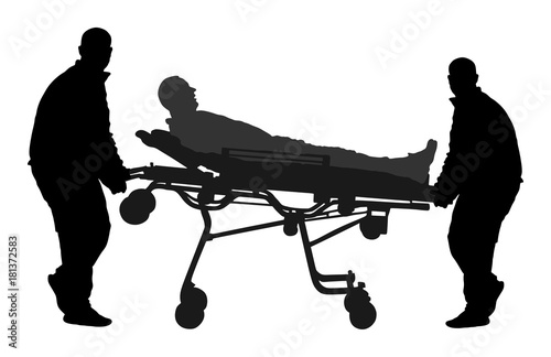 First aid training, help after crash accident transport injured person. Paramedics evacuate injured person. Checking and helping people after body collapse. Health care protection. Lifeguard action.