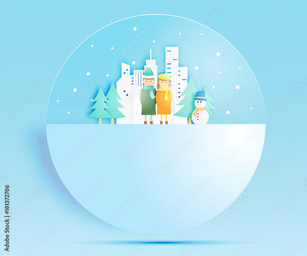 Obraz premium Cute Couple and Winter landscape with paper art style and pastel color scheme