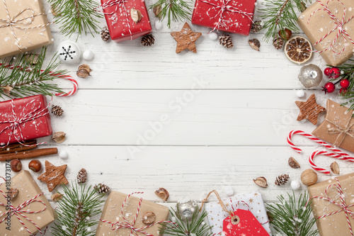 Christmas decoration and gift boxes background