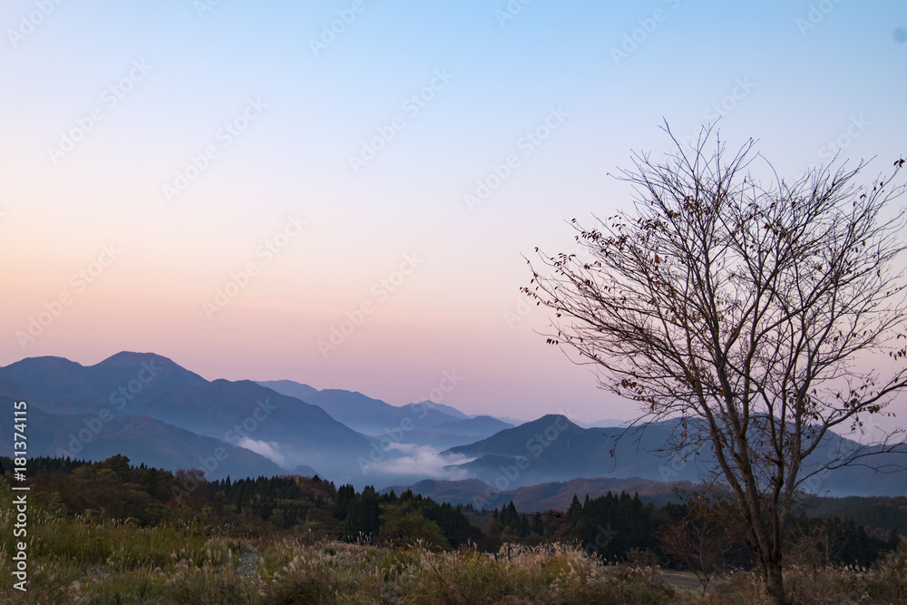 高原の夜明け、朝日のグラデーションと雲海