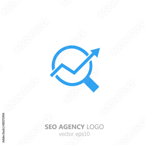 Logo of the seo agency. A growing schedule in magnifying glass. Up arrow in a circle, for your company