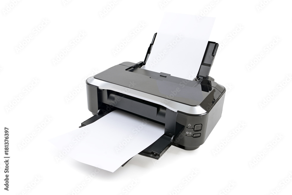 Printer and paper isolated on white background Printer and paper isolated on white background