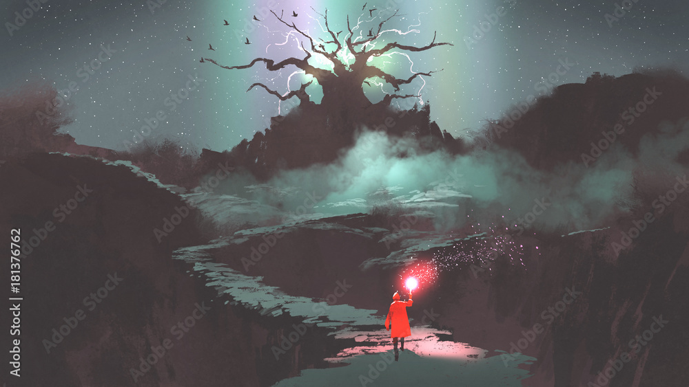 Fototapeta dziewczyna w czerwonym kapturze z magiczną pochodnią idącą górską ścieżką prowadzącą do drzewa fantazji, cyfrowy styl sztuki, malarstwo ilustracyjne