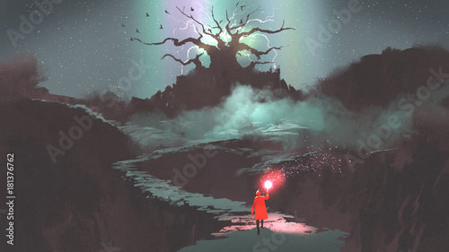 Fototapeta the girl in red hood with magic torch walking on mountain path leading into the fantasy tree, digital art style, illustration painting