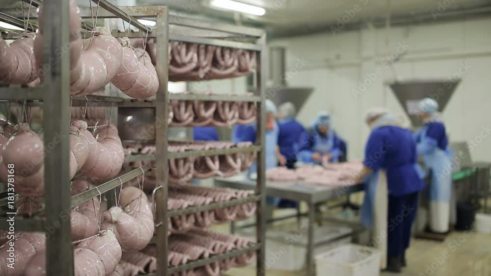 Food factory. Worker produces sausages on a automated food production equipment. Food factory. Worker produces sausages on a automated food production equipment.