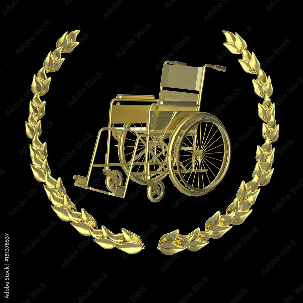 Naklejka premium shiny metal wheelchair surrounded with laurel wreath achievement badge rendering