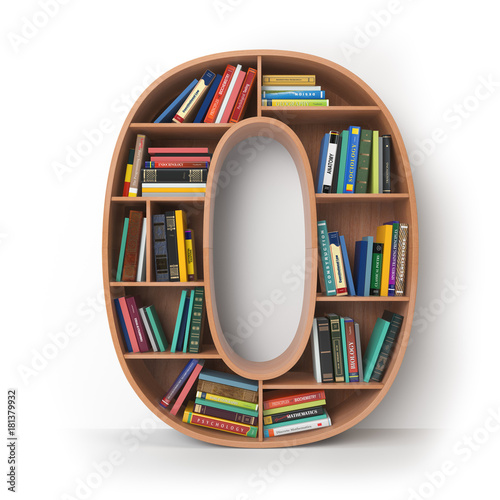 Number 0 zero. Alphabet in the form of shelves with books isolated on white.