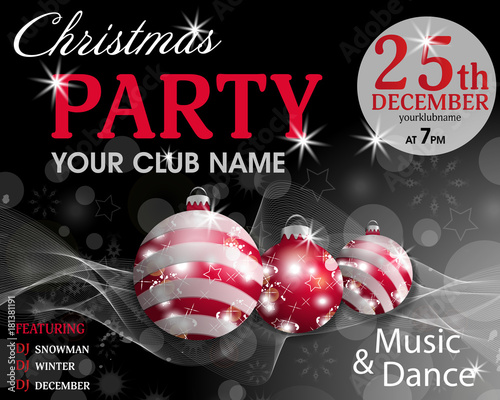 Christmas party invitation template black background with red baubles. Three Christmas balls and decorations. Vector illustration.