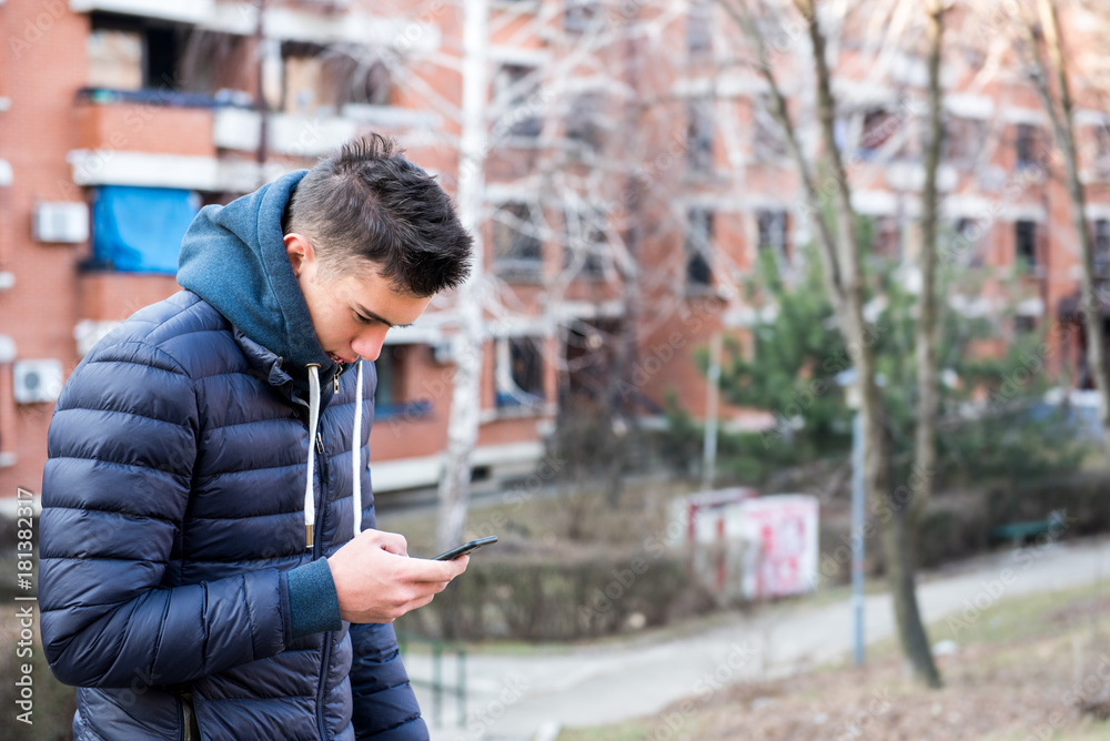 Fototapeta premium Handsome young man using mobile phone, outdoor