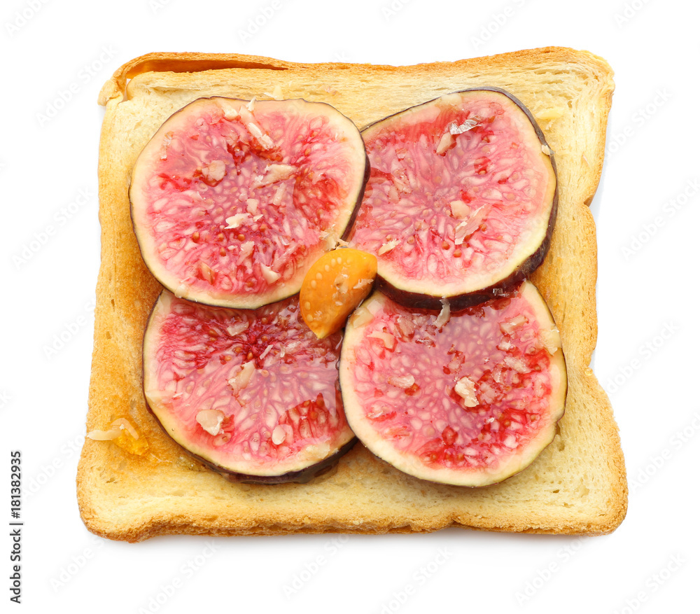 Delicious toast with fig, isolated on white Delicious toast with fig, isolated on white