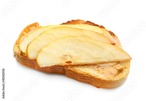 Delicious toast with peanut butter and pear, isolated on white