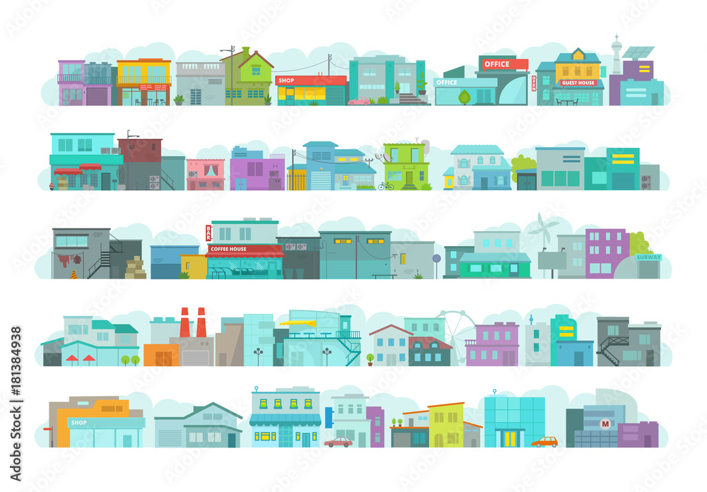 Set of architecture town buildings. City long street. Flat stock vector graphics. A lot of various details