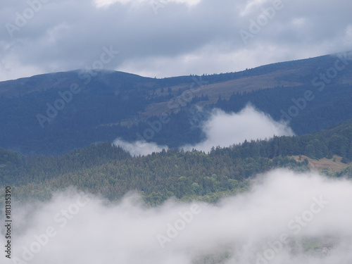 Fog at the village in the carpatian mountains