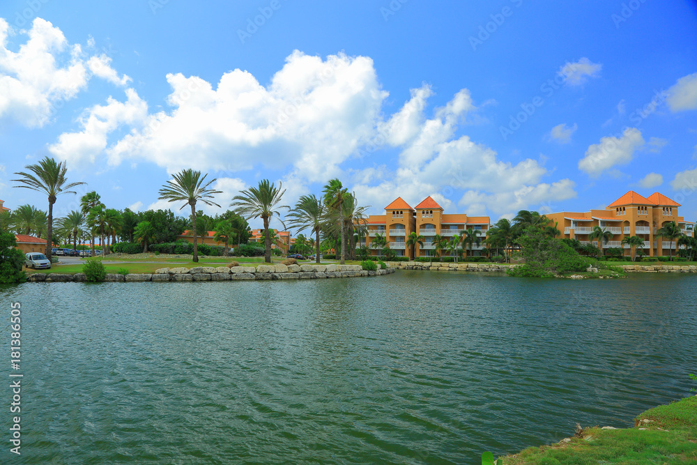 Beautiful landscape. View of lake with palm trees and blue sky with white clouds on background. Aruba island. Beautiful nature background.