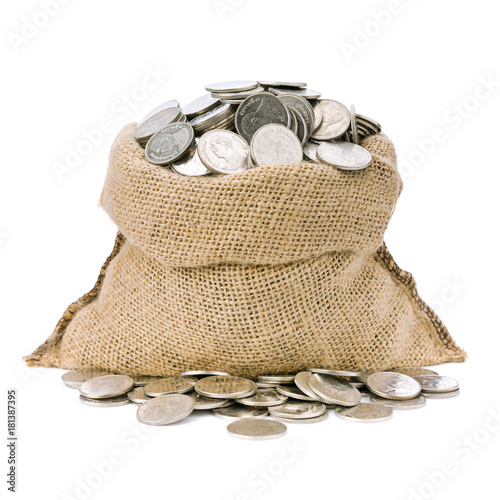 Fototapeta Naklejka Na Ścianę i Meble -  Money coins in burlap bag isolated on white background