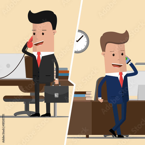Two businessmen communicate with each other by phone. Communications concept. Vector illustration