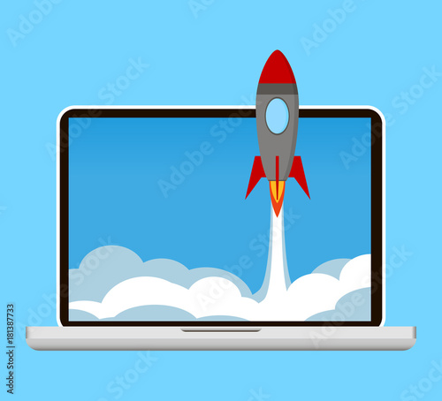 Project start up concept. Rocket launch from laptop. Rocket ship is flying rocket, start up and development process concept . Vector illustration