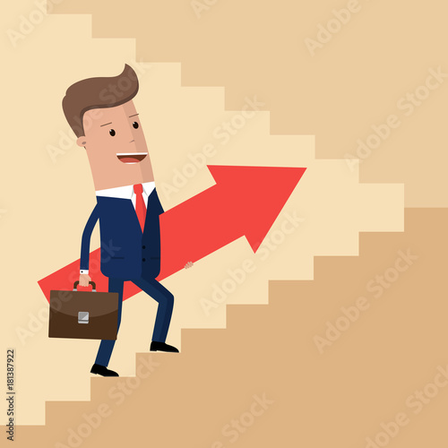 Businessman holding an arrow sign, rising up the stairs. Business concept growth and the path to success .Vector illustration