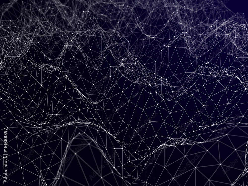 Futuristic polygonal background of low poly surface with connected dots and lines. Abstract 3d rendering.