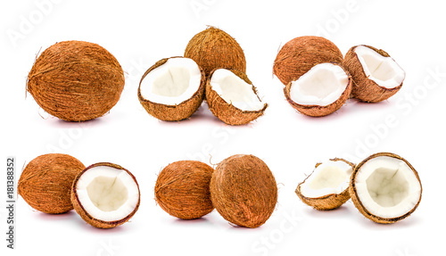 Set of whole and broken coconuts fruit isolated on white background. close up Collection of coco
