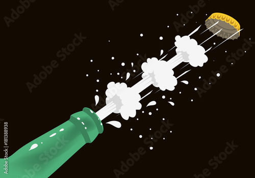 Opening Of Bottle Of Beer With Taking The Cap Off And Making Splash. Dynamic Illustration.