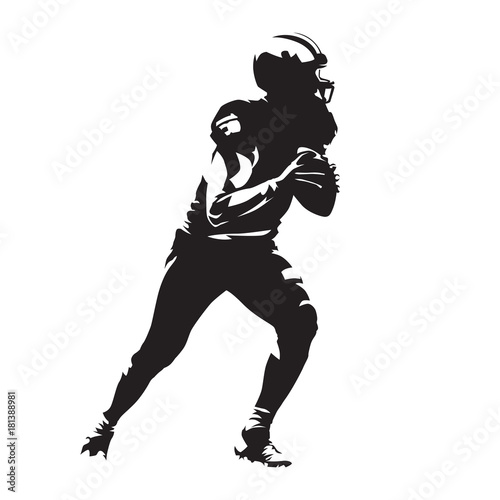 American football player holding ball, side view. Abstract vector silhouette. Team sport