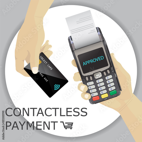 POS Terminal with hand and credit card. Contactless payment, approved.