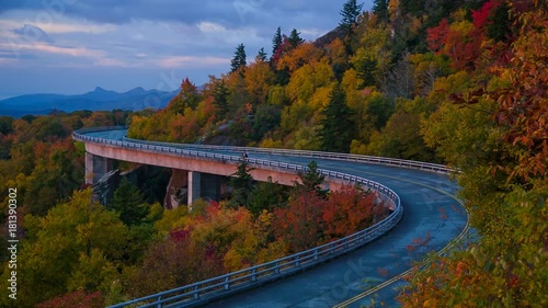 Linn Cove Viaduct in Blue Ridge Mountains at early morning sunrise in autumn