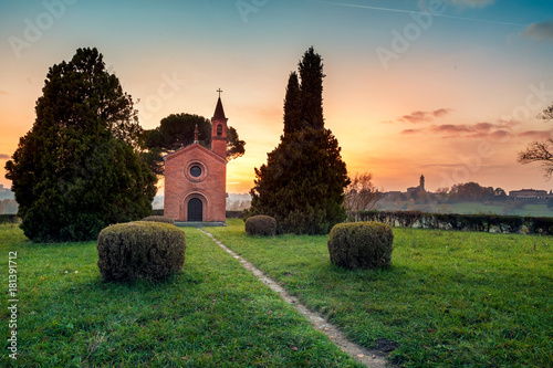 Tableau sur toile The red church of Tenuta Pomelasca, Inverigo, Como province, Brianza, Lombardy,