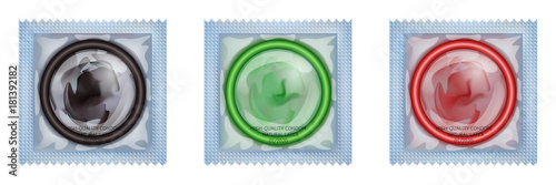 Packaging with a condom. Set of latex condoms in package.