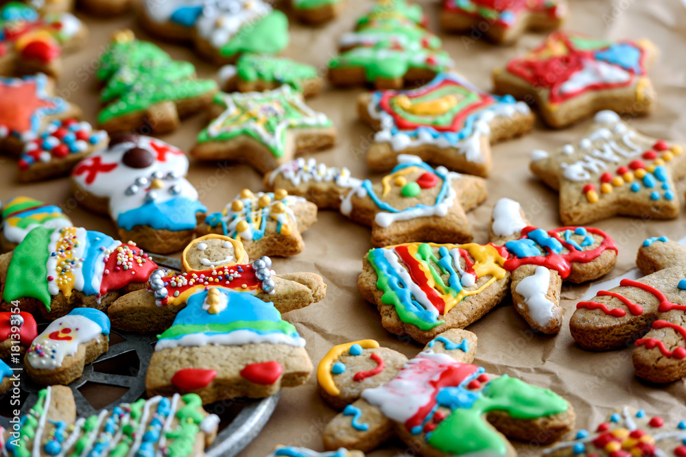 Homemade colorful gingerbread cookies on table