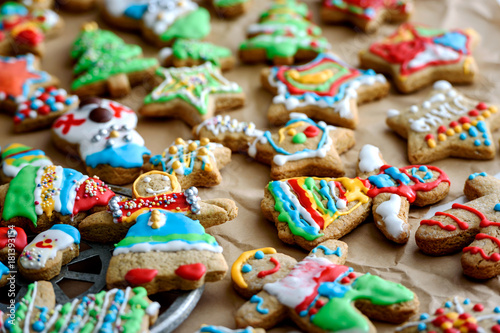 Homemade colorful gingerbread cookies on table