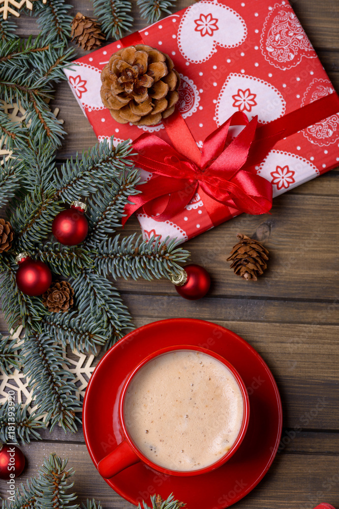 Coffee in red cup and red gift box