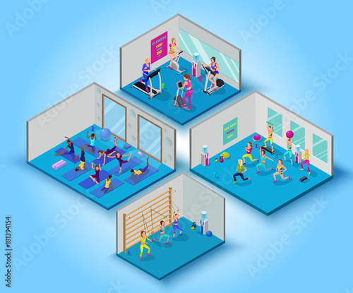 Fitness training big set with yoga, aerobics, cardio and suspension workout classes, isometric vector 3d illustration with sports girls, modern physical exercises concept