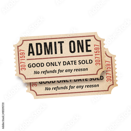 Two vintage tickets to the cinema on a white background. Vector illustration