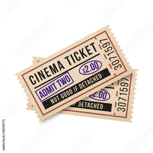 Two vintage tickets to the cinema on a white background. Vector illustration