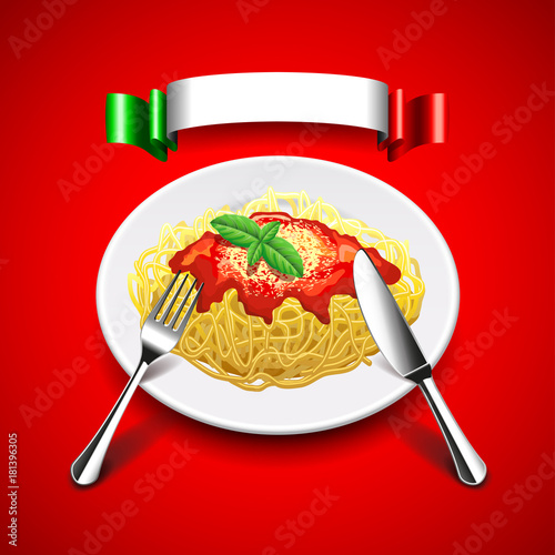 spaghetti with cutlery and italian flag on red background