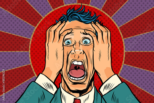 terrified man holding his head, panic face