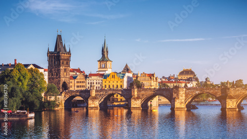 Czech Republic, Prague panorama with historic Charles Bridge and Vltava river