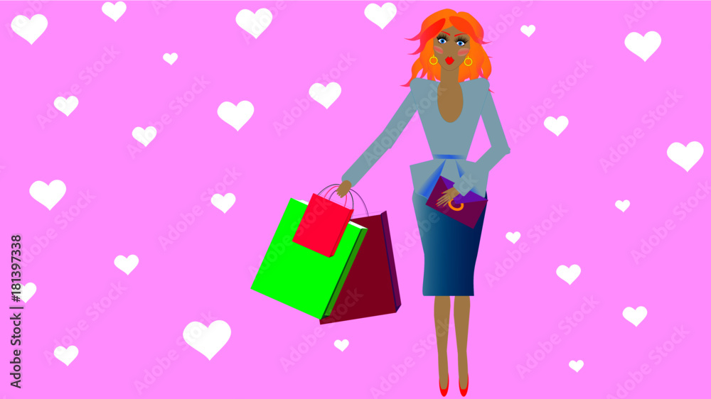 Doll picture of girl with shopping packages shopping background Doll picture of girl with shopping packages shopping background