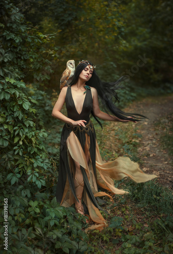 Dekoracja na wymiar  a-forest-fairy-wanders-through-the-forest-with-a-white-owl-gyana-is-a-mythical-creature-in-a-green-dress-artistic-photography