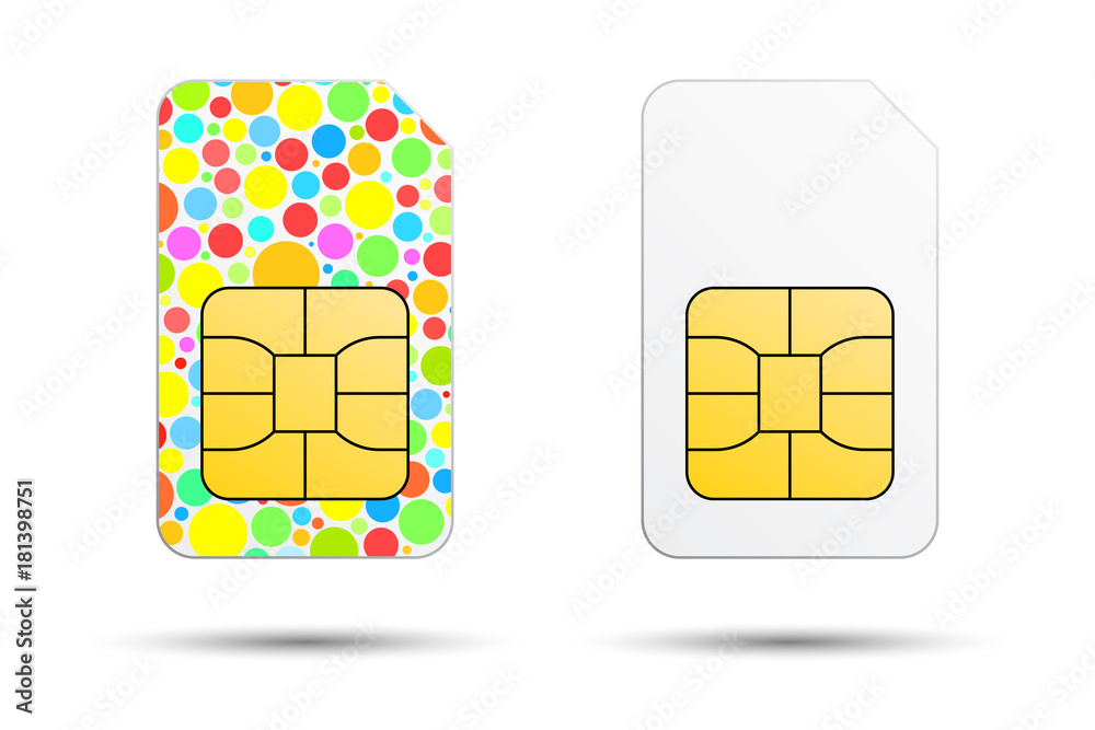 White sim card and colorful sim card on a white background White sim card and colorful sim card on a white background