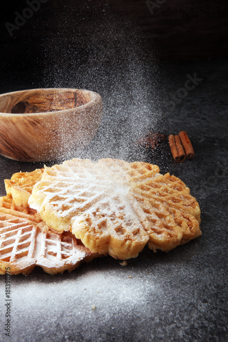 Ingredients of seasonal autumn cooking, baking. Belgian waffles, anise stars and cinnamon.
