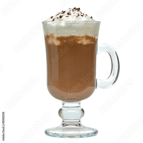 Latte with cream in irish coffee mug on white background included clipping path