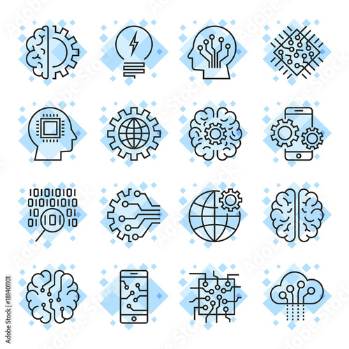 Icon set for artificial intelligence ai concept various symbols. For web, sites, mobile applications and other. Techno, online design, business, gui, ui. Editable Stroke
