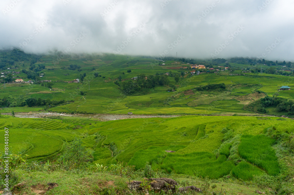 Summer nature background of rice terraces and village Summer nature background of rice terraces and village