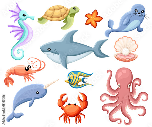 Cute vector sea creatures. Cartoon smiling sea animals. Co ored sea fish and seahorse  whale and octopus illustration seal crab shell shark octopus shrimp Web site page and mobile app design