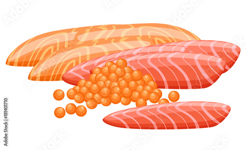 sea fish salmon with caviar and fillets, vector illustration isolated on white background. fresh sea fish salmon, red caviar Web site page and mobile app design.