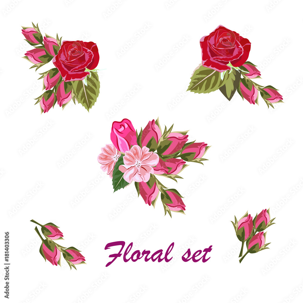 Flower set with roses. Decor elements for greeting cards, wedding invitations, birthday and other celebrations. Isolated on white background. Flower set with roses. Decor elements for greeting cards, wedding invitations, birthday and other celebrations. Isolated on white background.