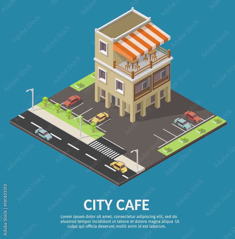 Fototapeta premium Isometric vector cafe restaurant buildings shop